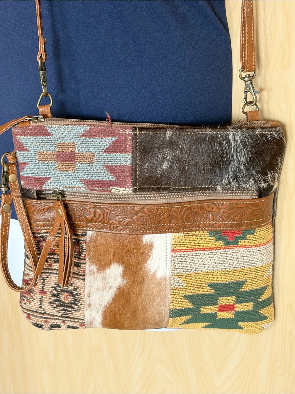 Myra Bag Brown Multi Patchwork Crossbody with Cowhide & Leather Trim Aztec Print - Picture 2 of 13